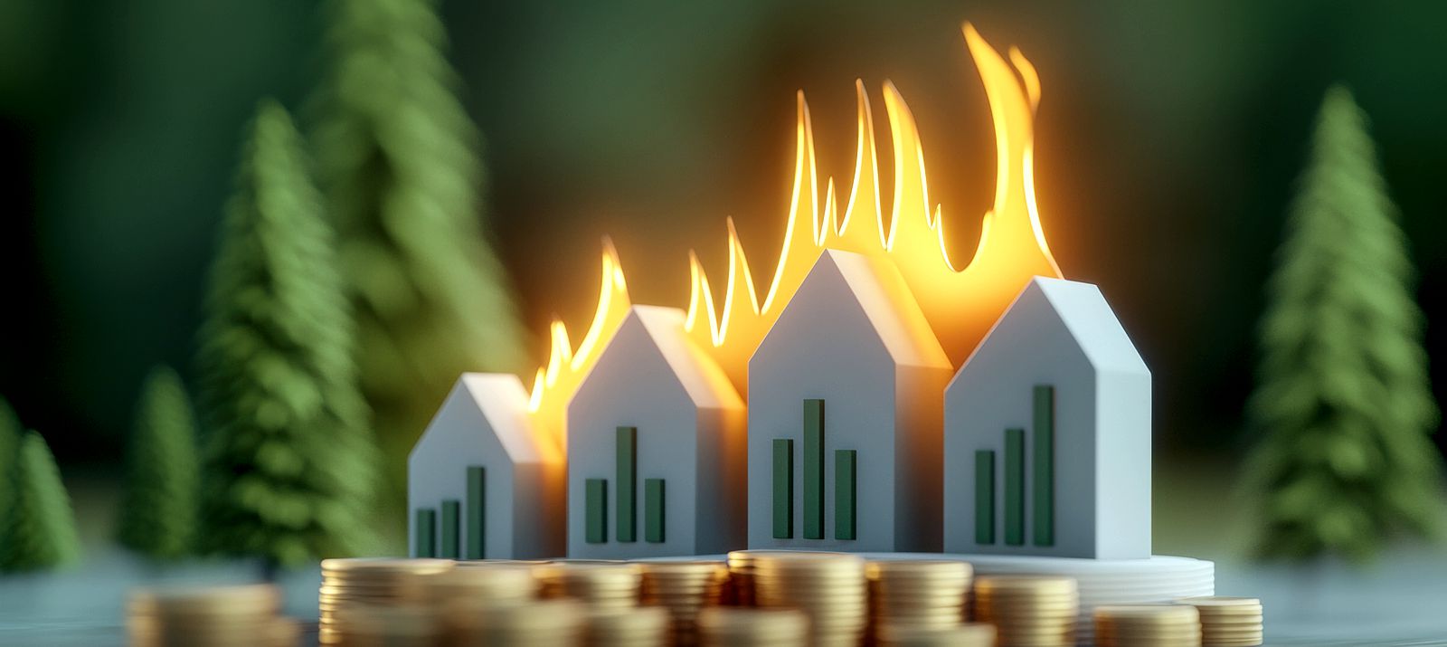 Papphäuser mit Flammen im Hintergrund