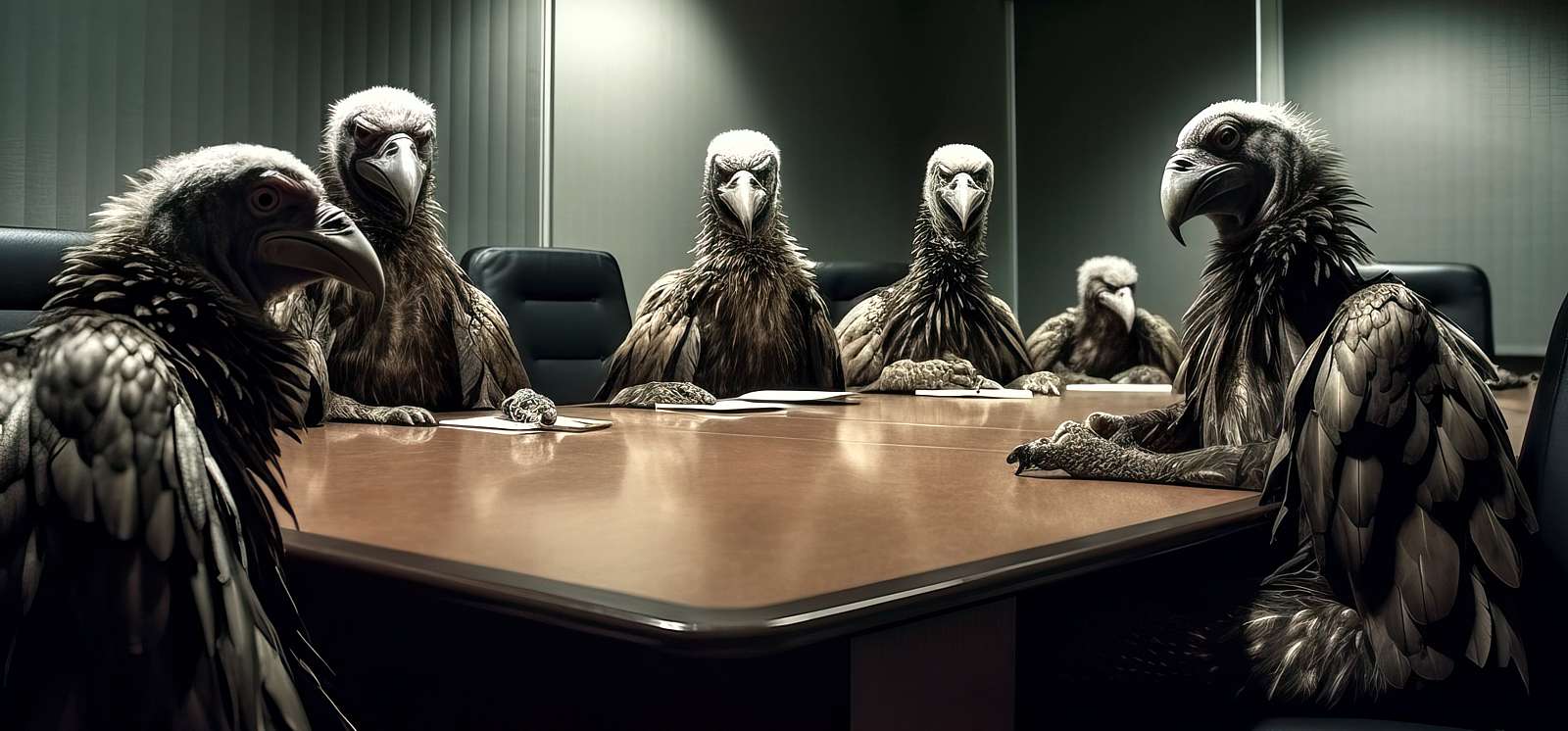 6 Geier, die um einen Tisch sitzen